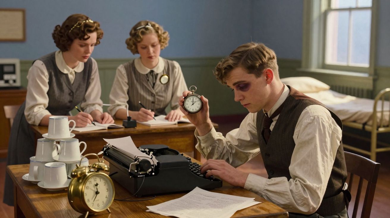 Homem com olho roxo usa máquina de escrever segurando cronómetro, enquanto duas mulheres escrevem numa sala antiga.