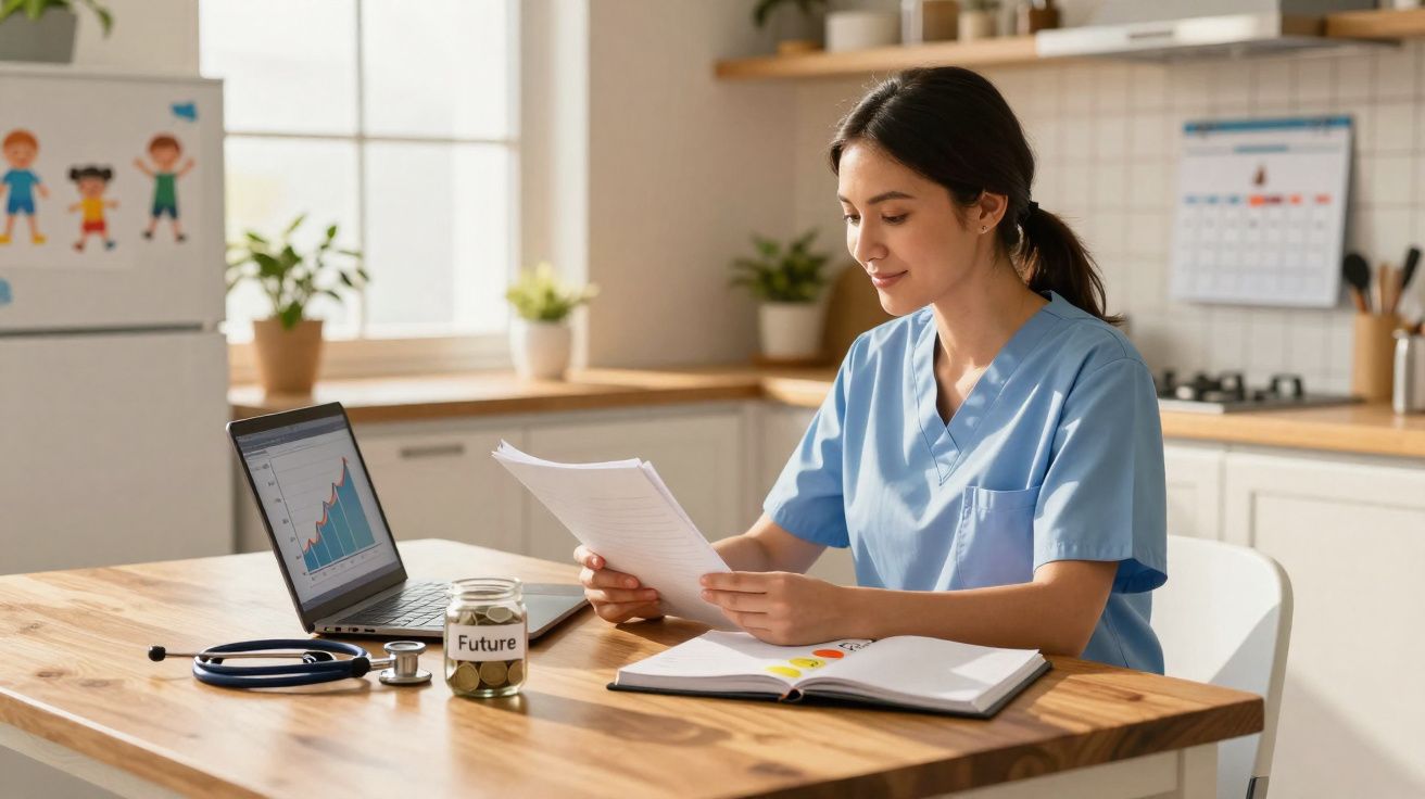 Mulher de uniforme médico analisa documentos em cozinha com laptop, estetoscópio e jarro com moedas.