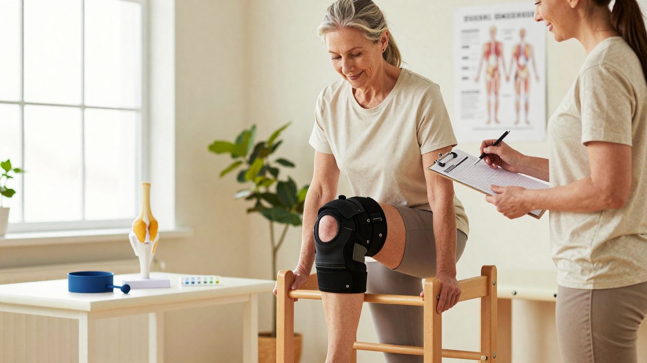 Mulher sénior com joelheira faz exercício com apoio de fisioterapeuta numa clínica luminosa.