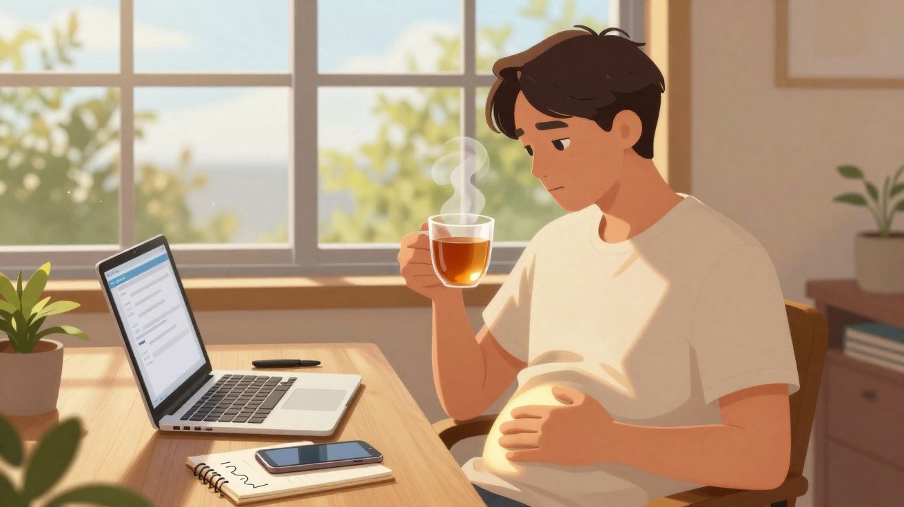 Jovem sentado a beber chá quente enquanto olha para o computador num escritório com luz natural.