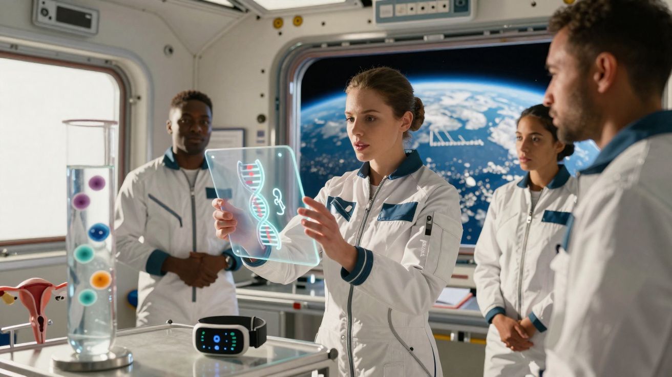 Equipa de cientistas em laboratório espacial a analisar holograma de ADN com planeta Terra ao fundo.