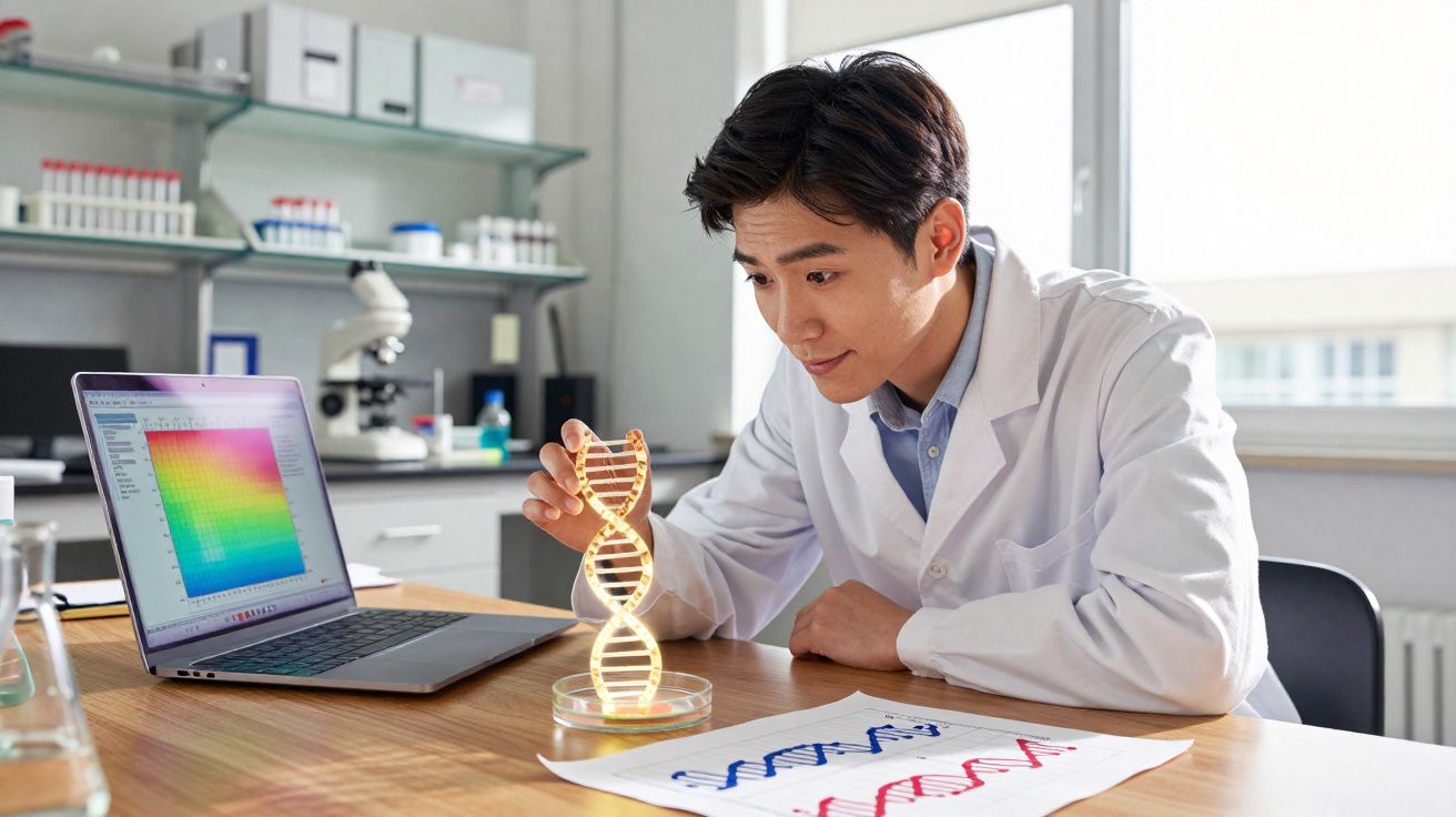 Cientista em laboratório a estudar modelo de dupla hélice de ADN com computador e documentos na mesa.