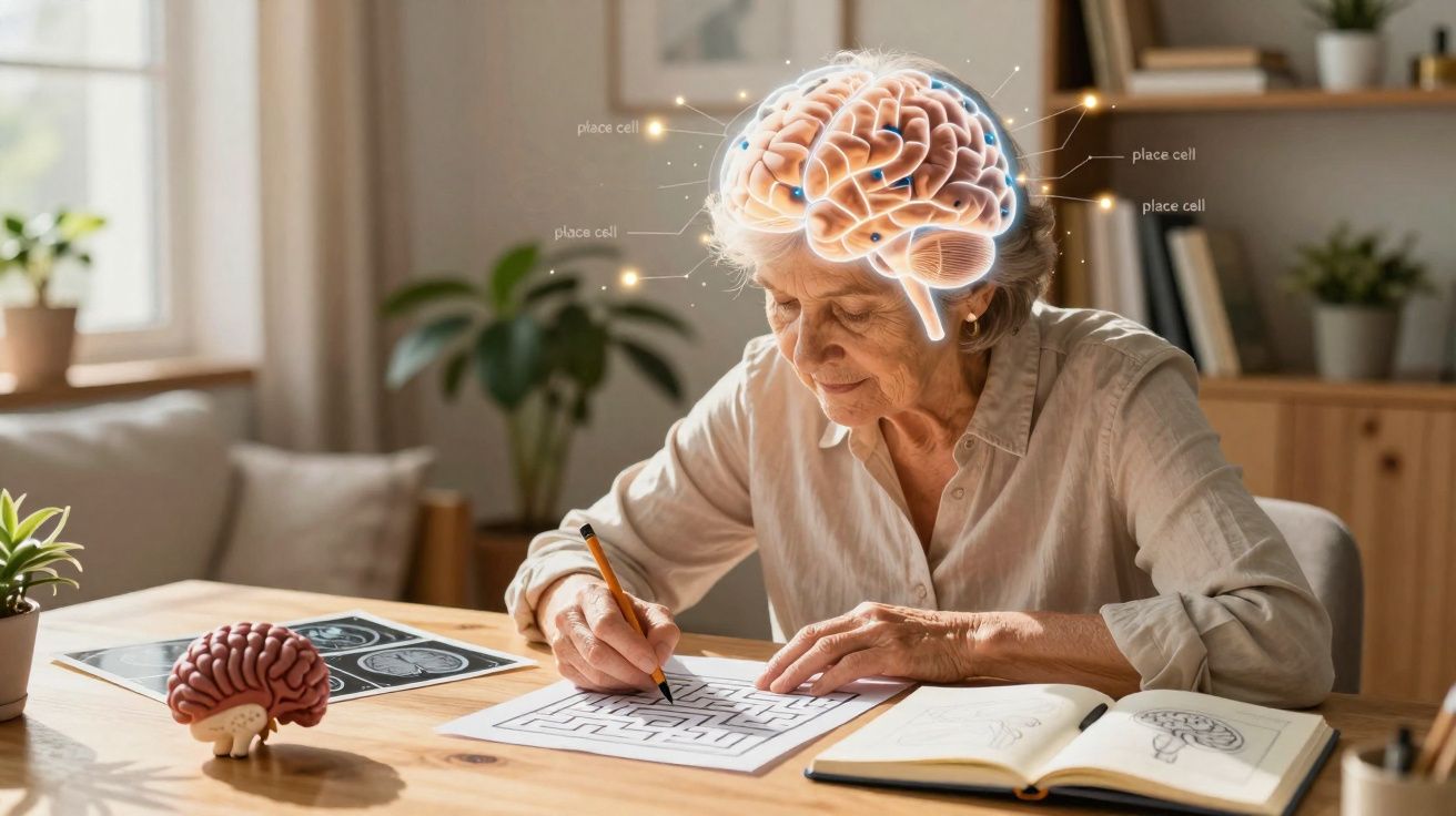 Idosa a fazer um puzzle de labirinto, com ilustração digital de cérebro brilhante sobre a cabeça.