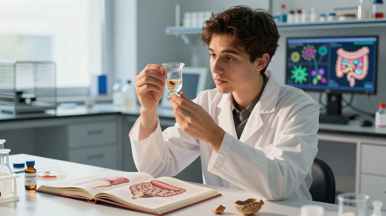 Jovem cientista numa sala de laboratório a analisar amostra com imagens do sistema digestivo ao fundo.