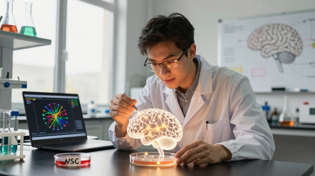 Cientista em laboratório a estudar modelo iluminado de cérebro com ferramentas de pesquisa científica.