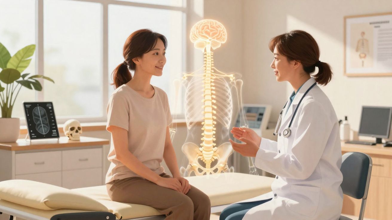 Paciente e médica conversam numa consulta com imagem 3D do esqueleto humano entre elas.