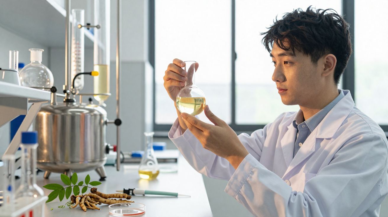 Cientista em laboratório a analisar líquido amarelo em frasco, com raízes e folhas na mesa.