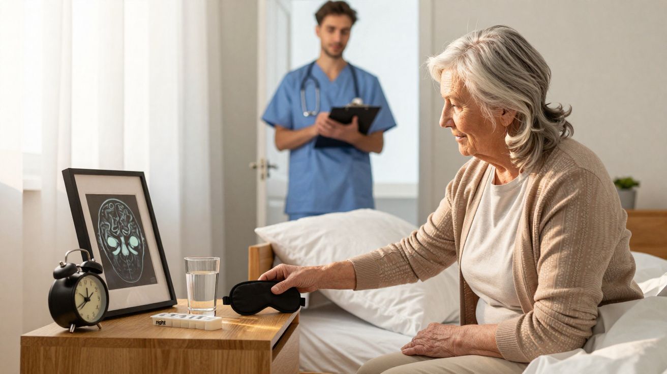 Idosa sentada na cama a pegar máscara de dormir, com treinador de saúde ao fundo em quarto iluminado.