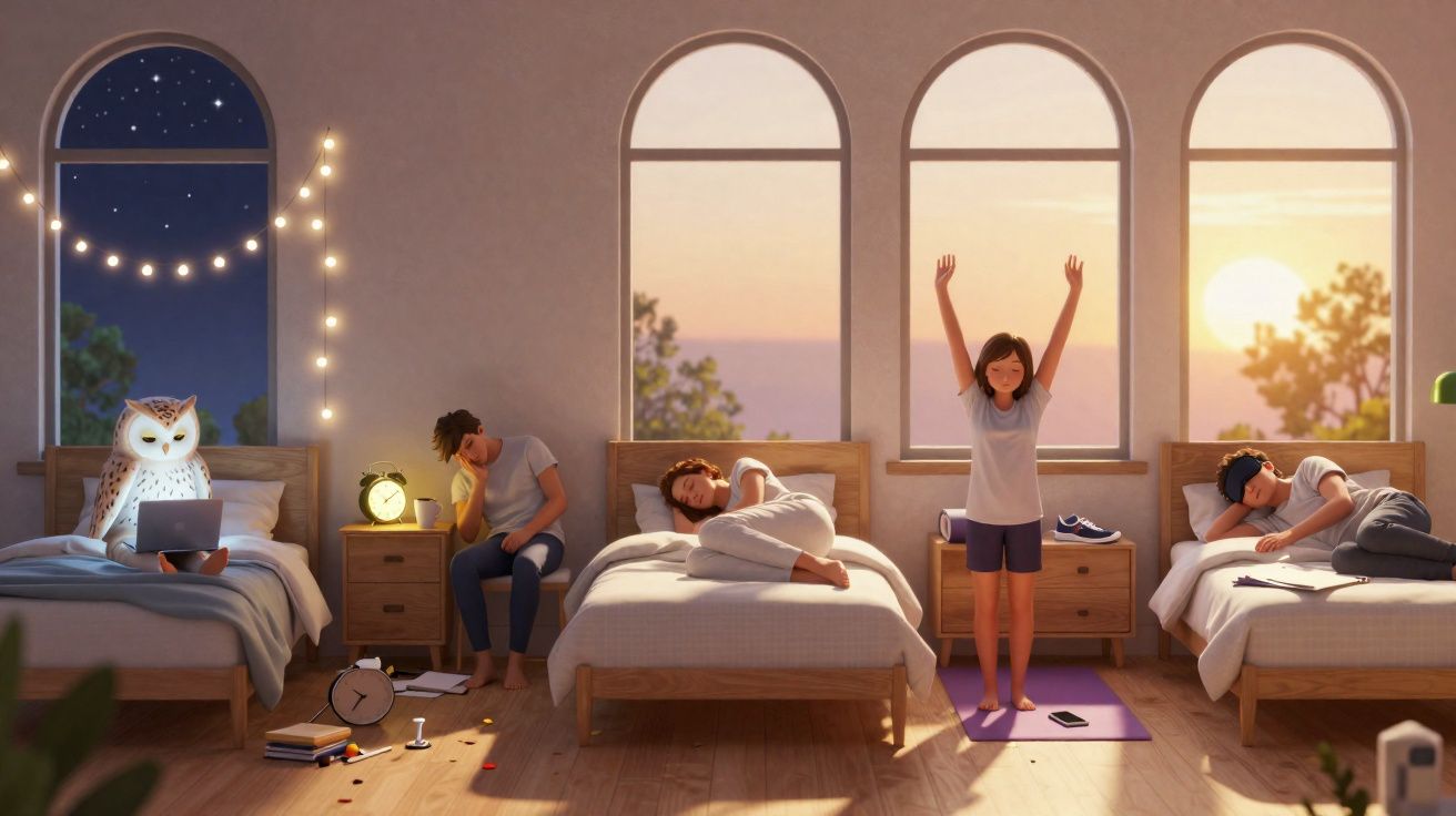 Quatro pessoas em camas diferentes representam fases do dia, da noite starlight à manhã com sol nascente.