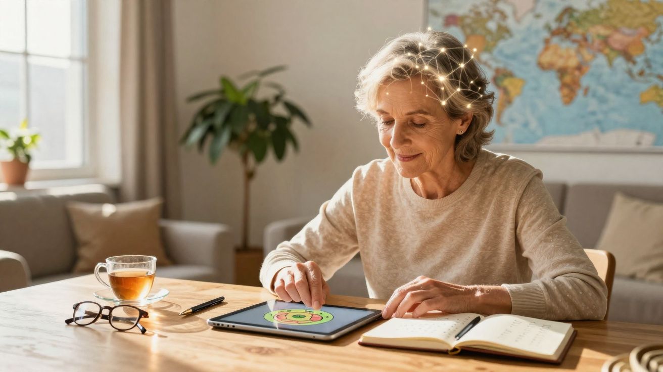 Mulher sénior sentada a usar tablet com diagrama, casa iluminada e chá numa mesa de madeira.