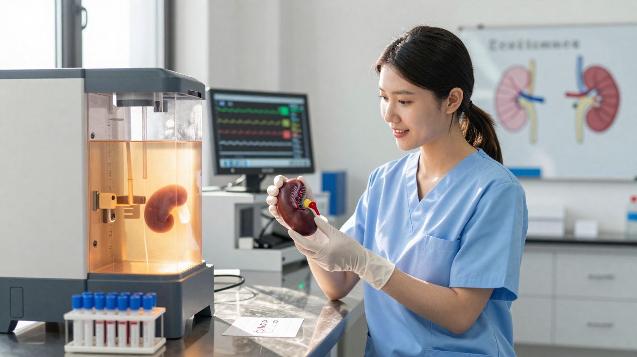Médica com bata azul observa um rim artificial num laboratório clínico moderno.