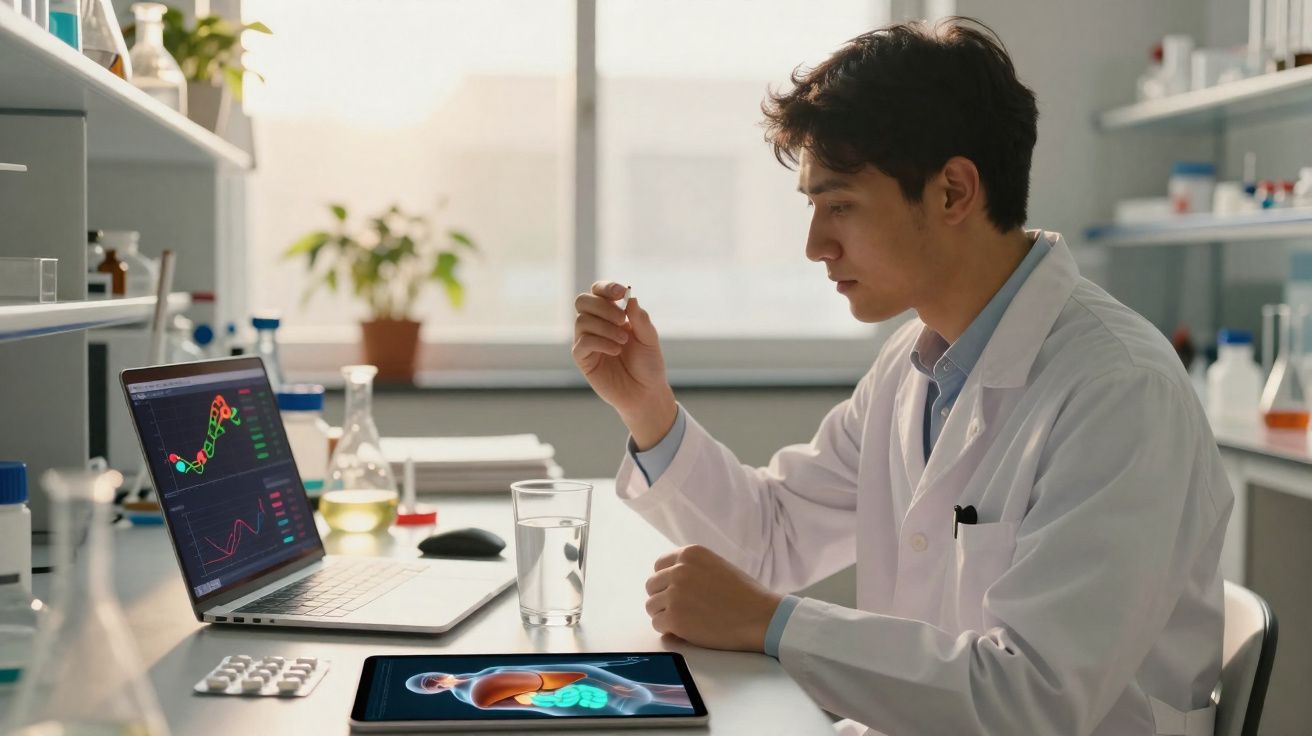 Homem de bata branca analisa medicamento num laboratório com laptop e tablet mostrando dados científicos e imagens médicas.