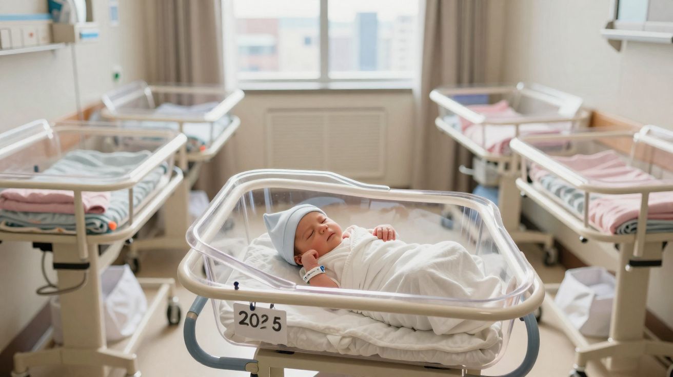 Recém-nascido dormindo numa incubadora num quarto de maternidade com várias incubadoras vazias.