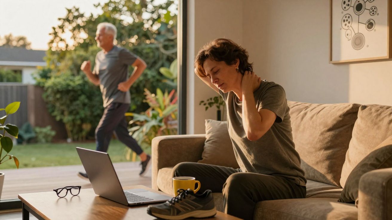 Mulher sentada no sofá a mexer no pescoço com homem a correr no jardim ao fundo.