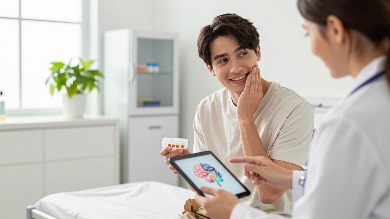 Paciente conversa com médica que mostra imagem do cérebro num tablet, segurando caixa de comprimidos.
