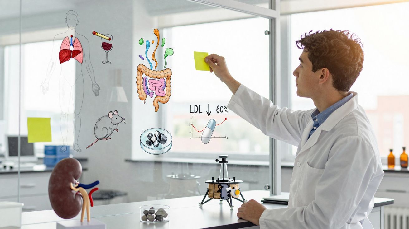 Cientista em laboratório a analisar gráficos e ilustrações médicas sobre vidro com notas adesivas amarelas.