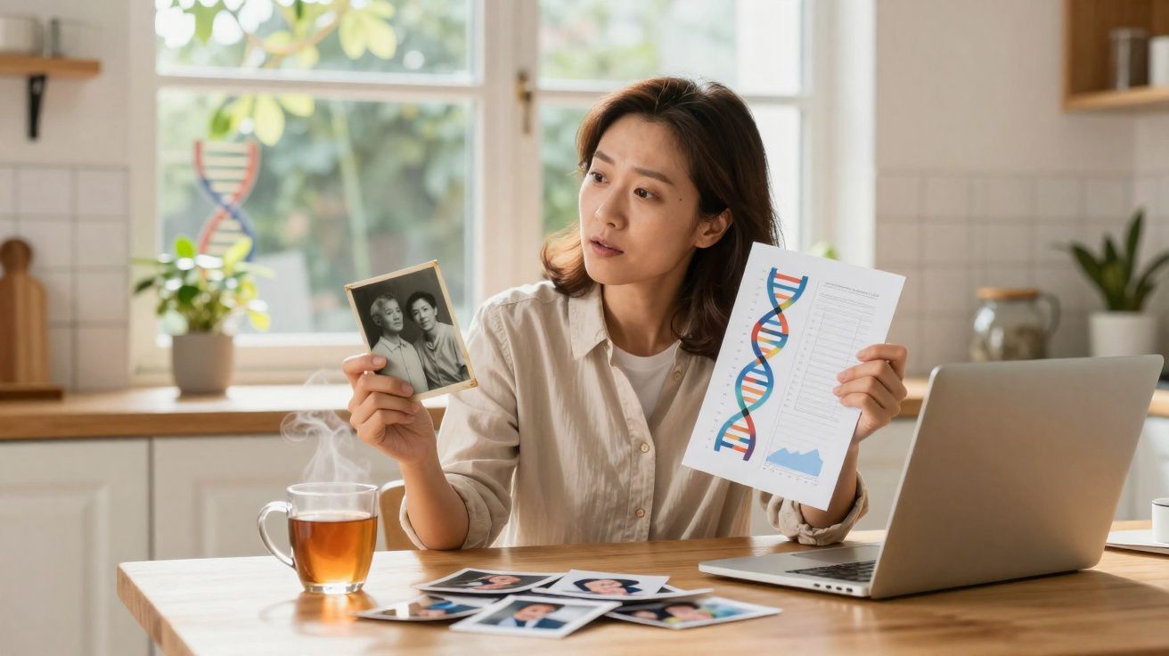 Mulher sentada à mesa com fotos antigas numa mão e gráfico de ADN na outra, pensativa, em cozinha.