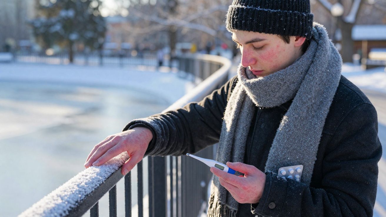 Jovem com ar de constipado, vestido com roupa quente, verifica temperatura num termómetro junto a um corrimão nevado.