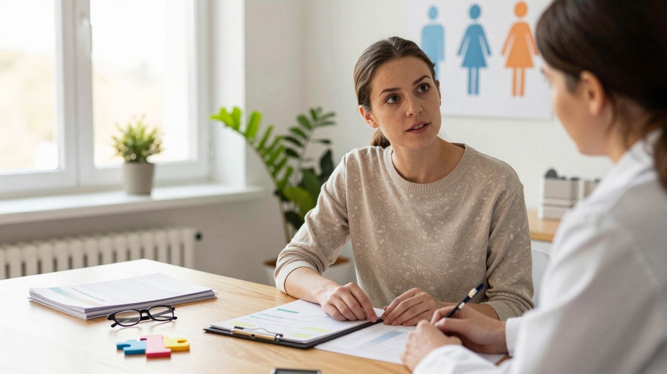 Mulher conversa com profissional de saúde numa consulta num consultório iluminado e confortável.