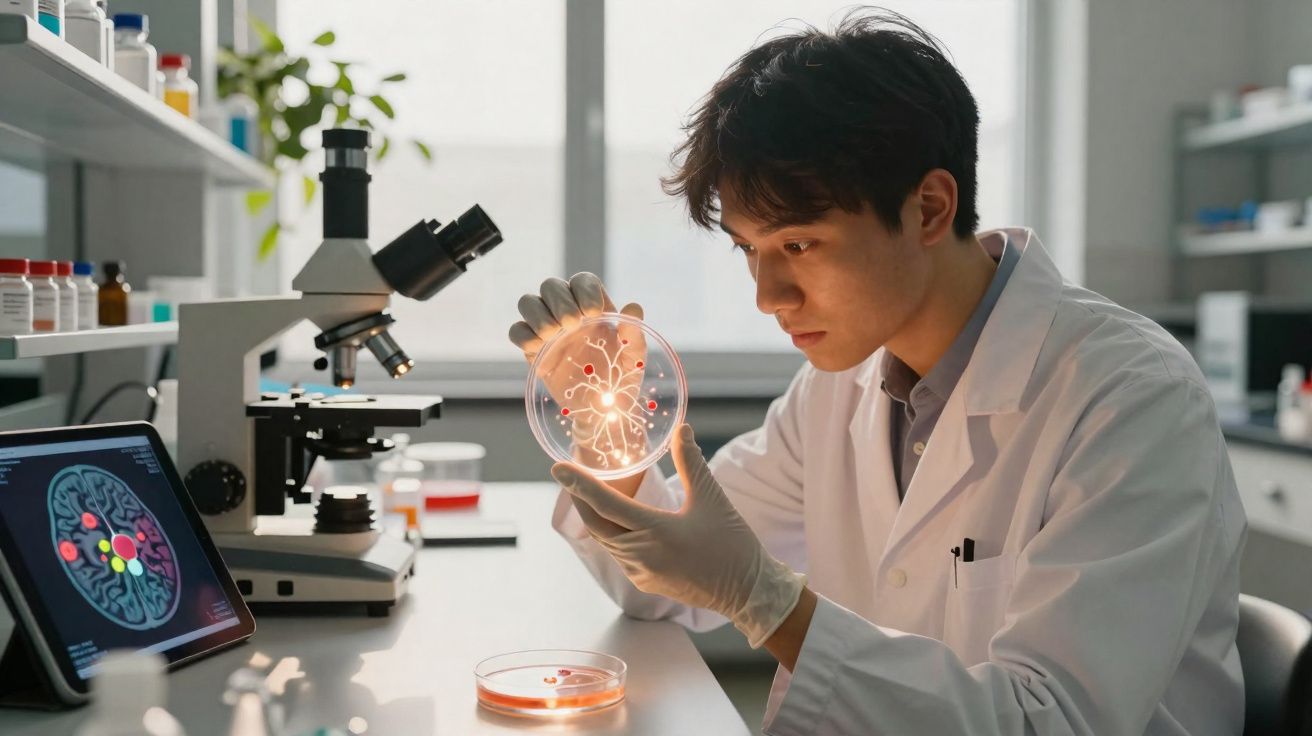 Cientista de bata branca examina placa de Petri luminosa num laboratório moderno com microscópio e ecrã digital.