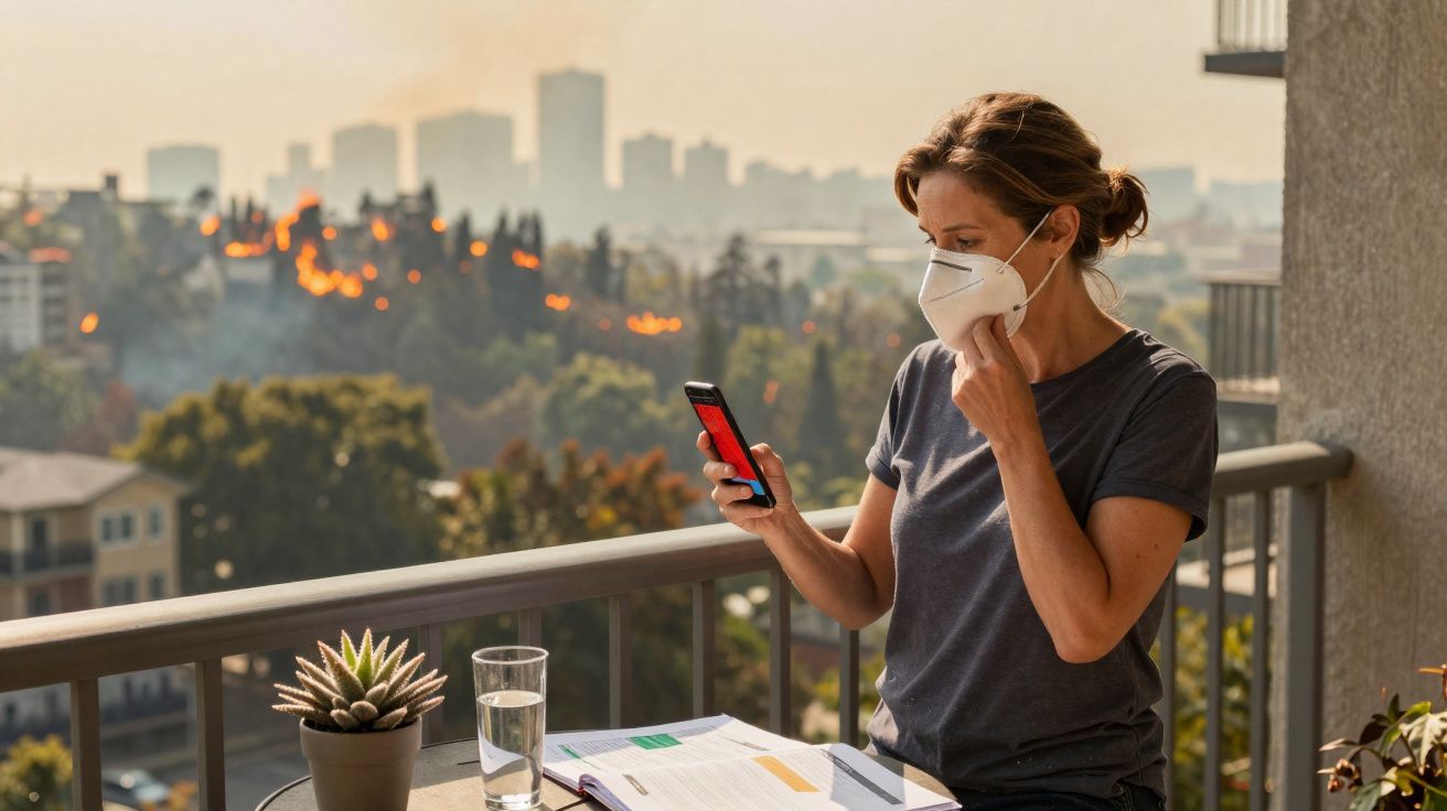 Mulher com máscara observa telemóvel num terraço enquanto incêndio florestal arde ao longe numa zona urbana.