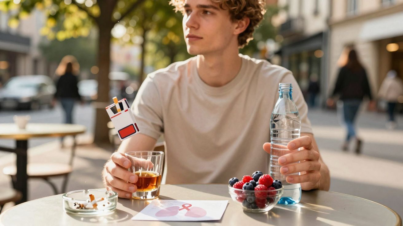 Jovem a decidir entre um copo de bebida alcoólica e água, com bowl de frutos vermelhos numa mesa ao ar livre.