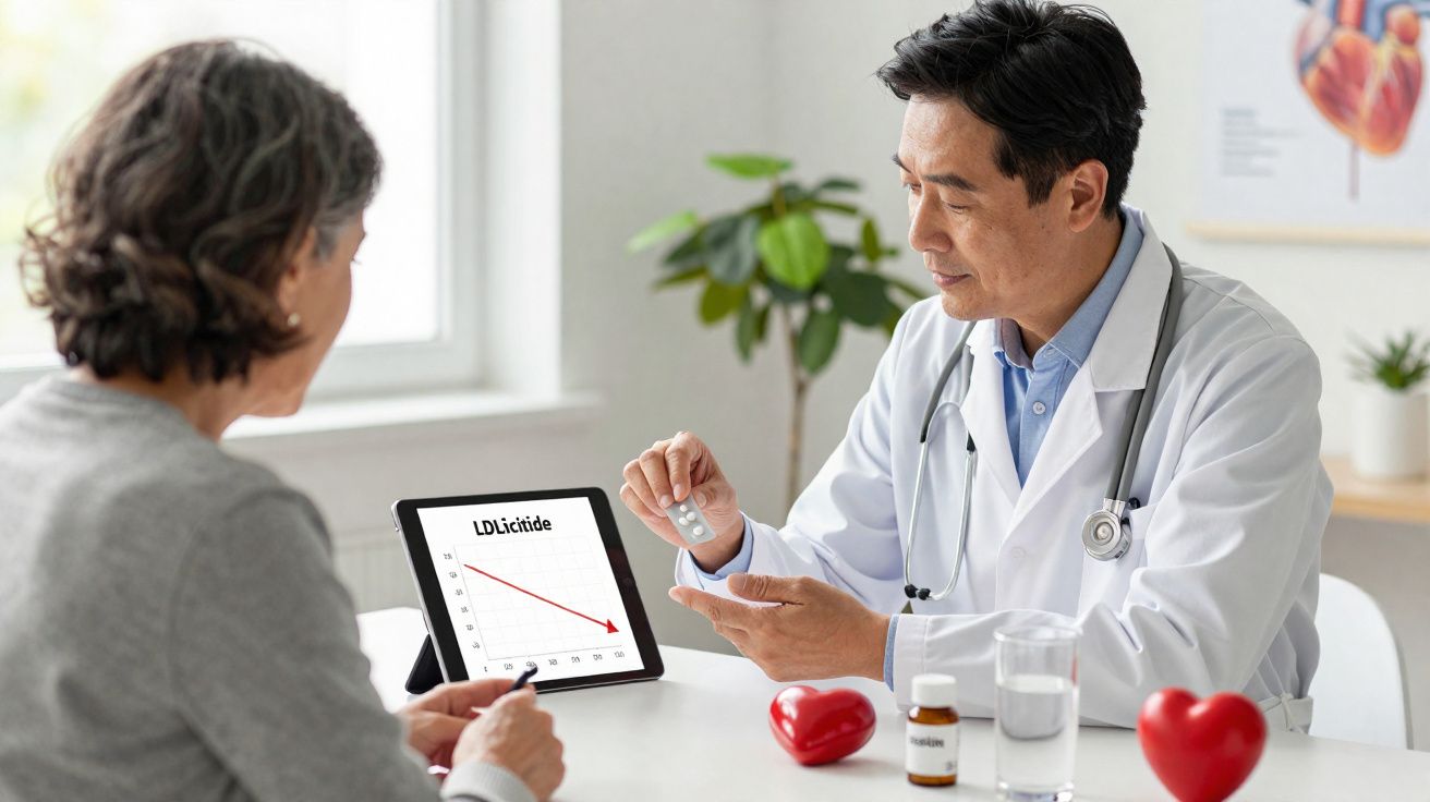 Médico mostra comprimidos a paciente enquanto gráfico de colesterol LDL é visível num tablet.