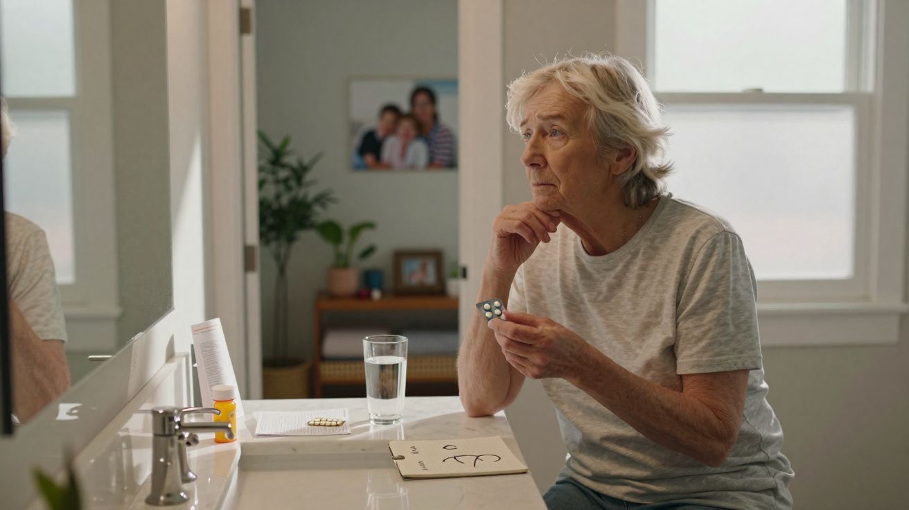 Idosa sentada à mesa com comprimidos na mão, olhando pensativa, num ambiente caseiro e tranquilo.