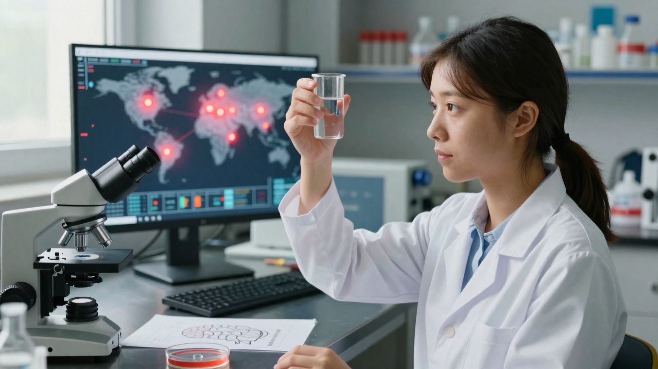 Cientista a analisar amostra líquida no laboratório com microscópio e mapa com focos de infeção no ecrã.