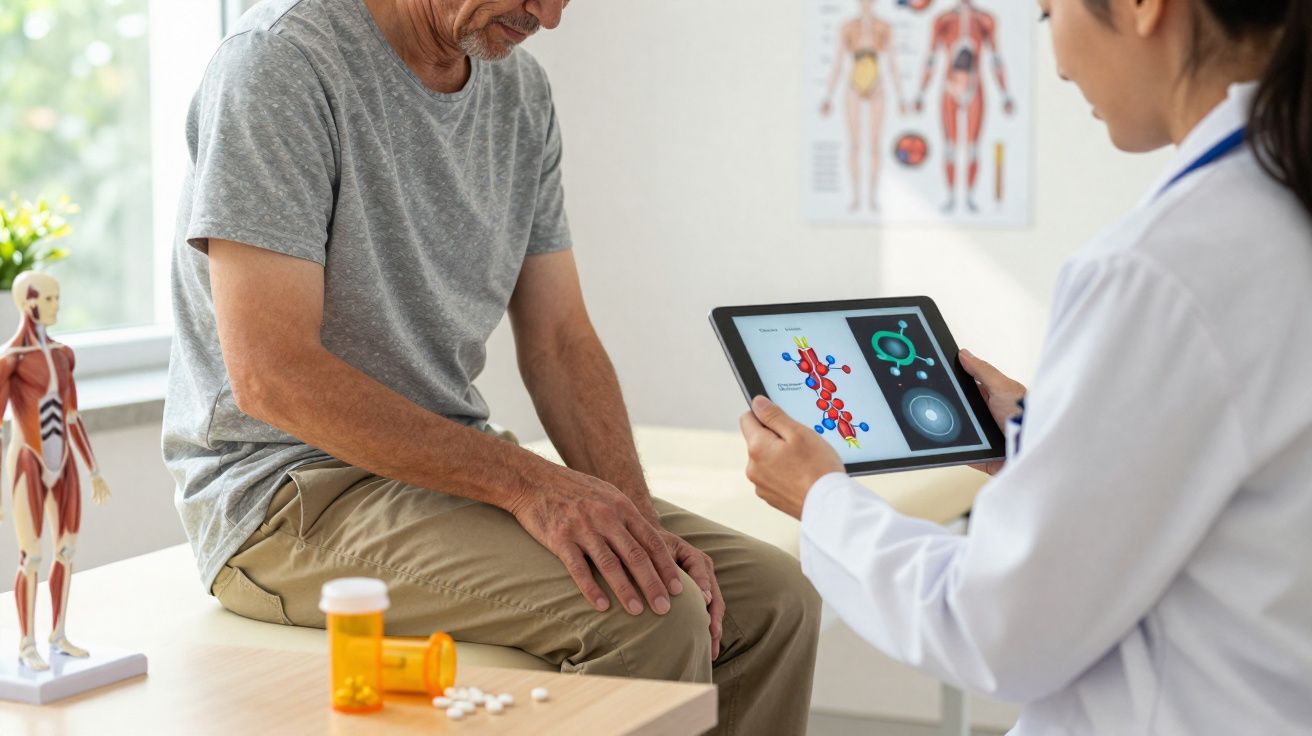 Médica mostra imagens médicas num tablet a paciente idoso que segura o joelho dolorido.