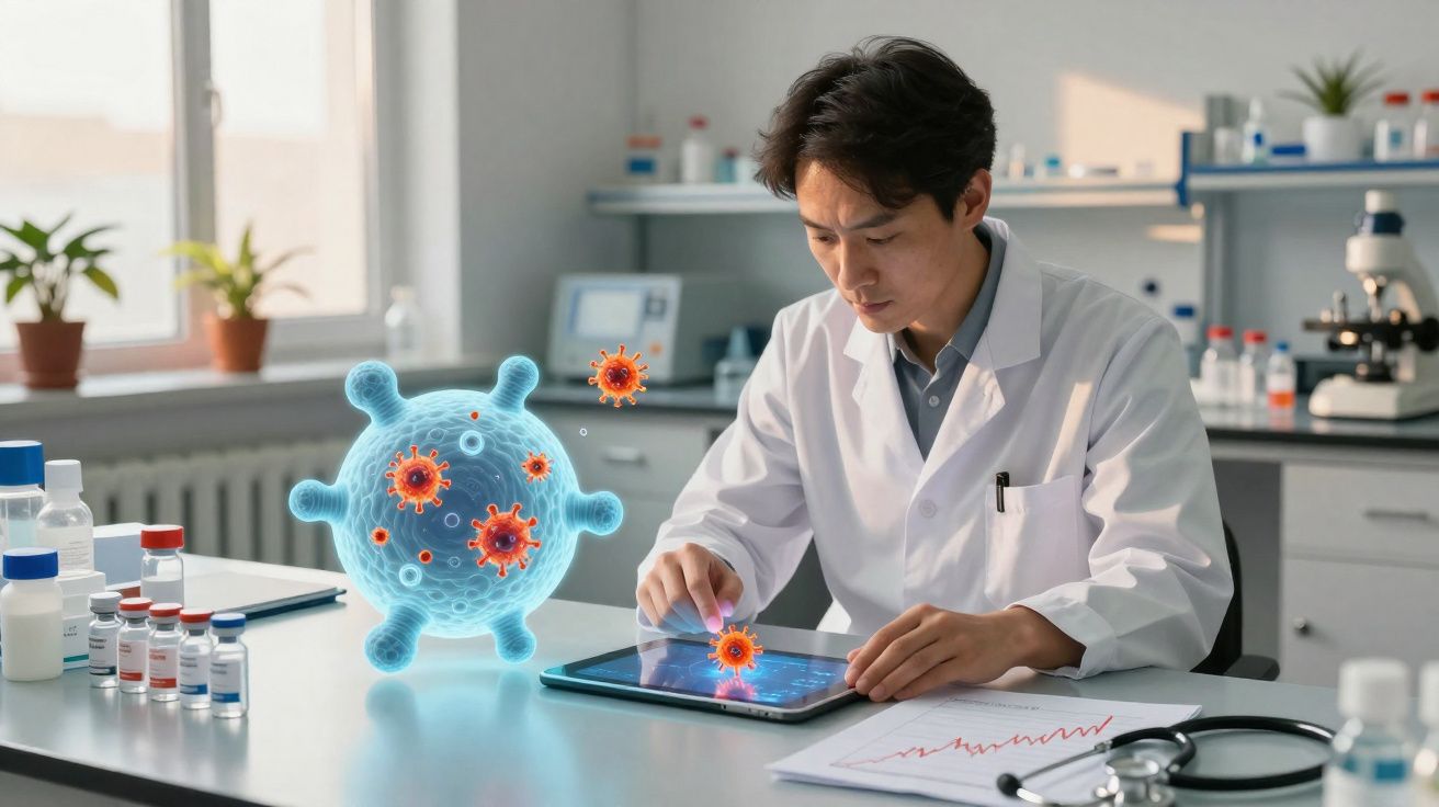 Cientista em laboratório a analisar vírus com gráficos digitais holográficos numa mesa moderna.