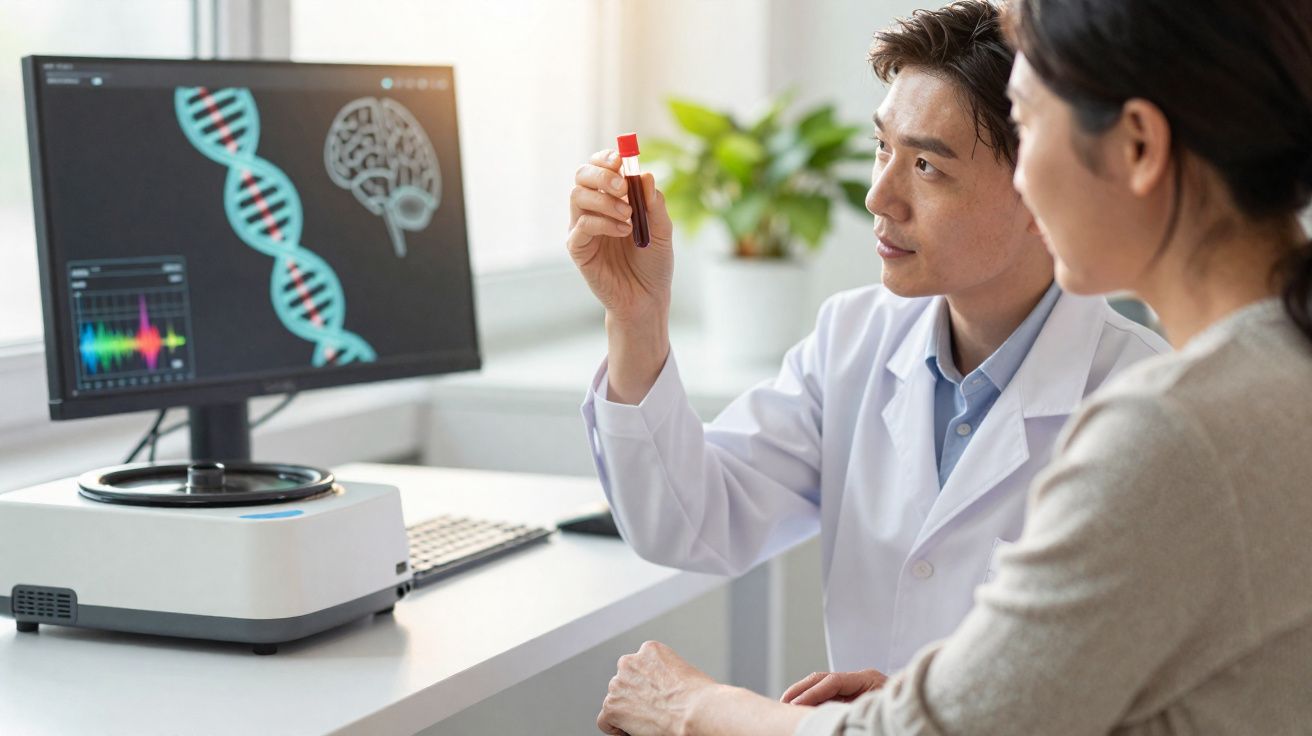 Cientista em bata branca mostra tubo de ensaio com sangue a paciente num laboratório com gráficos genéticos no ecrã.