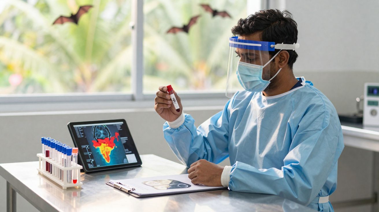 Cientista com máscara e viseira segura tubo de ensaio junto a imagem de órgão colorido num tablet.