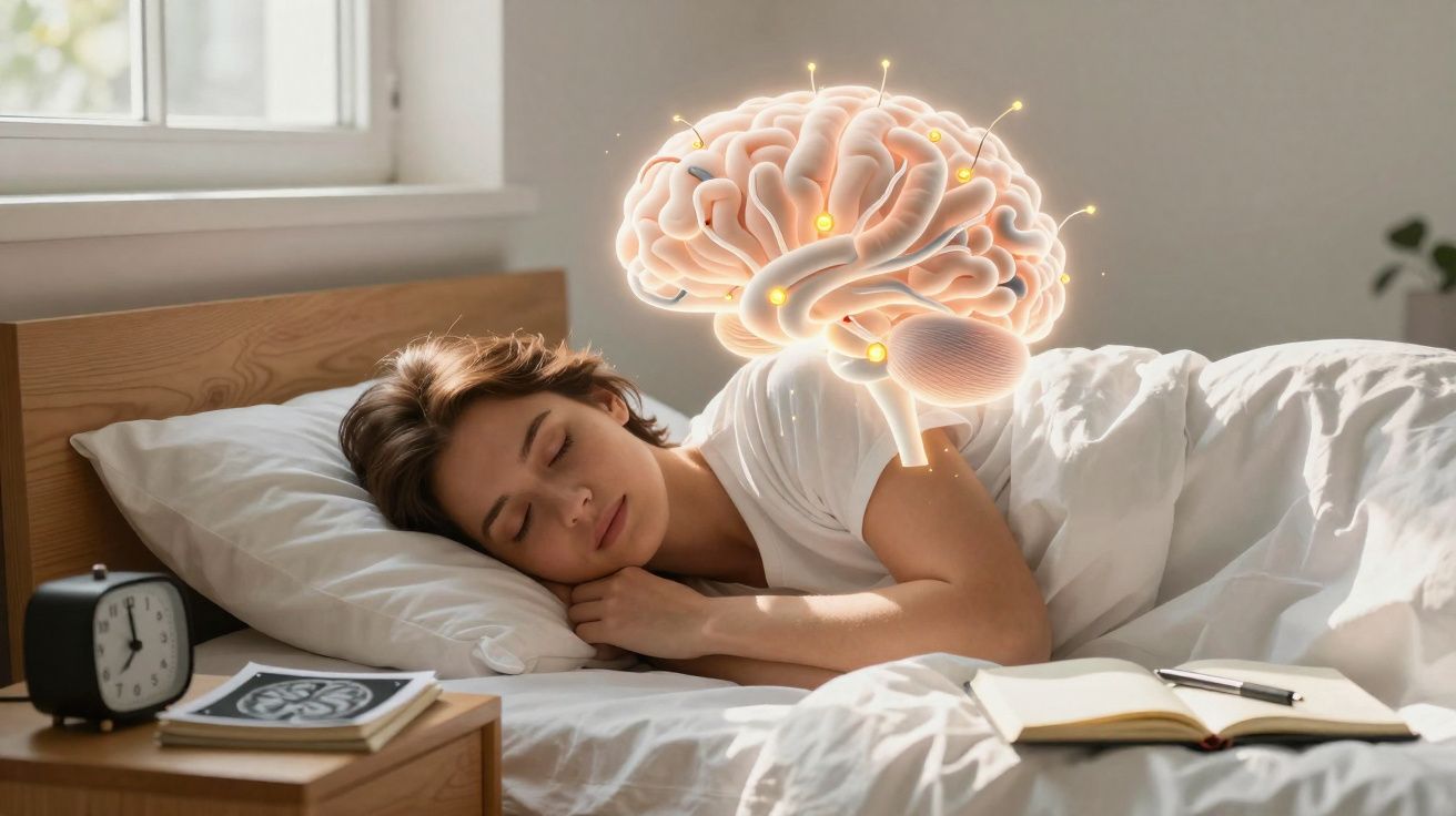 Mulher a dormir na cama com ilustração digital do cérebro a flutuar acima dela, simbolizando o sono e a mente.