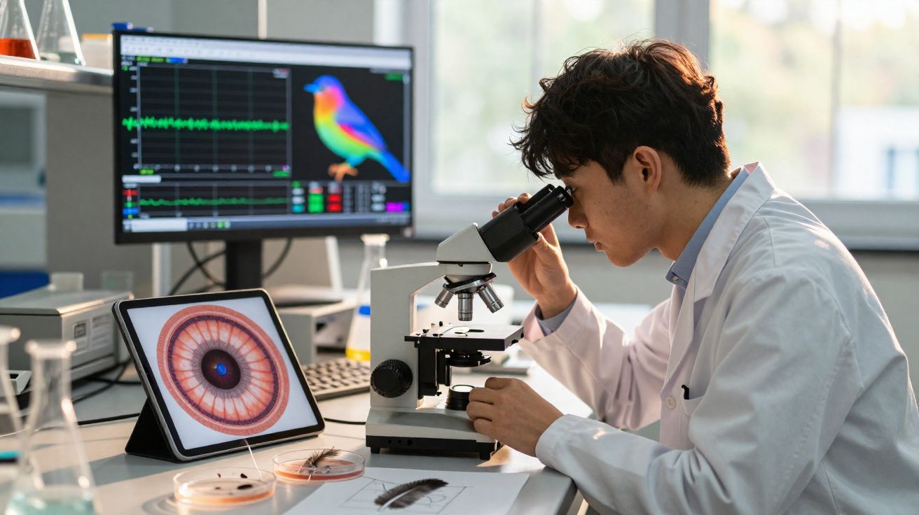 Cientista a observar através de microscópio em laboratório com imagens de olho e pássaro em ecrãs digitais.