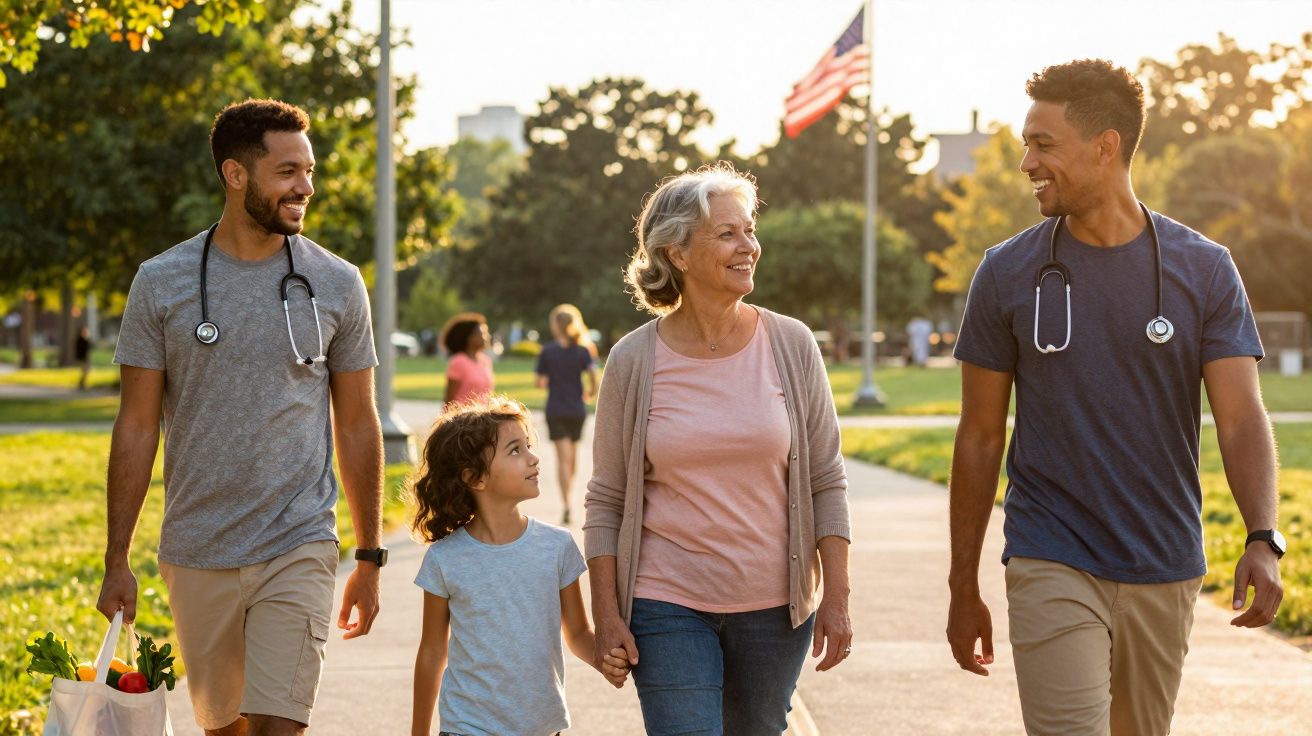 Adultos com estetoscópios e criança a caminhar num parque ao entardecer, sorrindo e conversando.