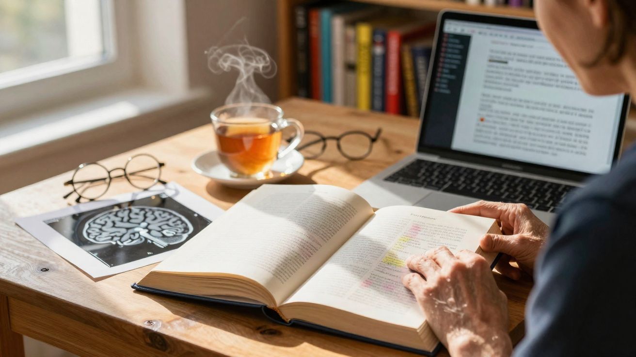 Pessoa a ler um livro aberto numa mesa com chá quente, óculos, imagem de cérebro e computador portátil ligado.