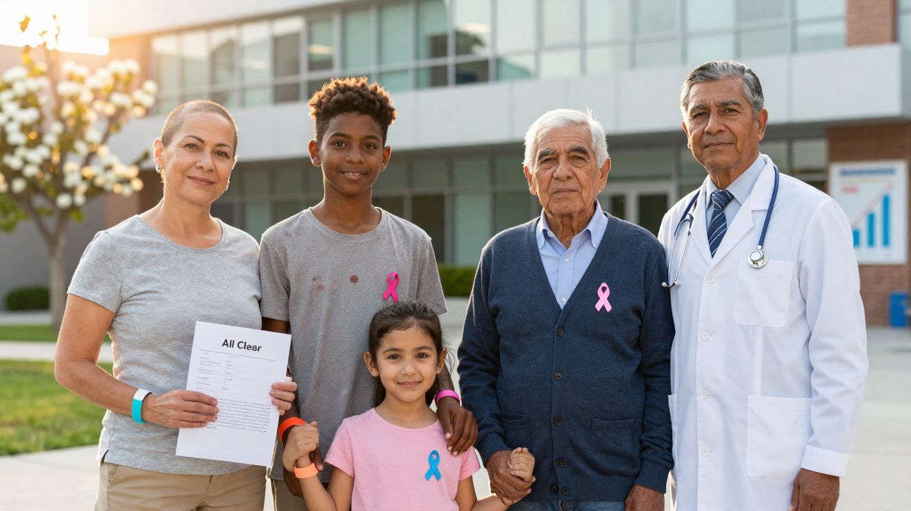 Grupo intergeracional com fitas rosa e azul, incluindo médico e paciente, fora de um centro de saúde.