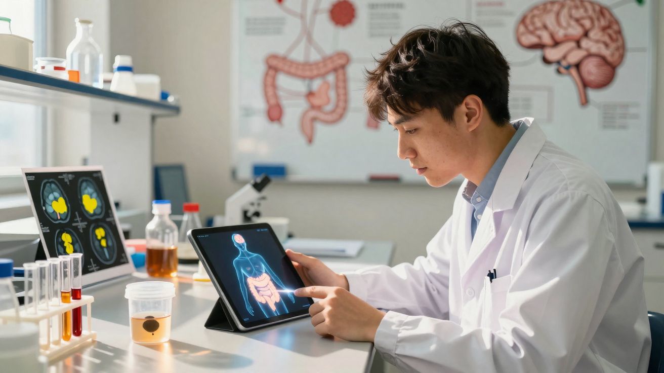 Homem em bata branca examina imagem digital do sistema digestivo num tablet, em laboratório científico.