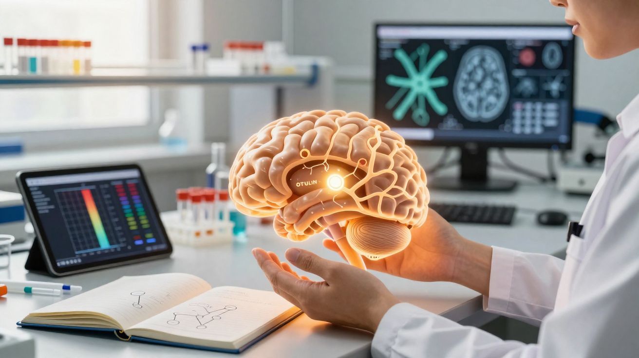 Cientista a segurar modelo digital iluminado de cérebro humano em laboratório com equipamento tecnológico.