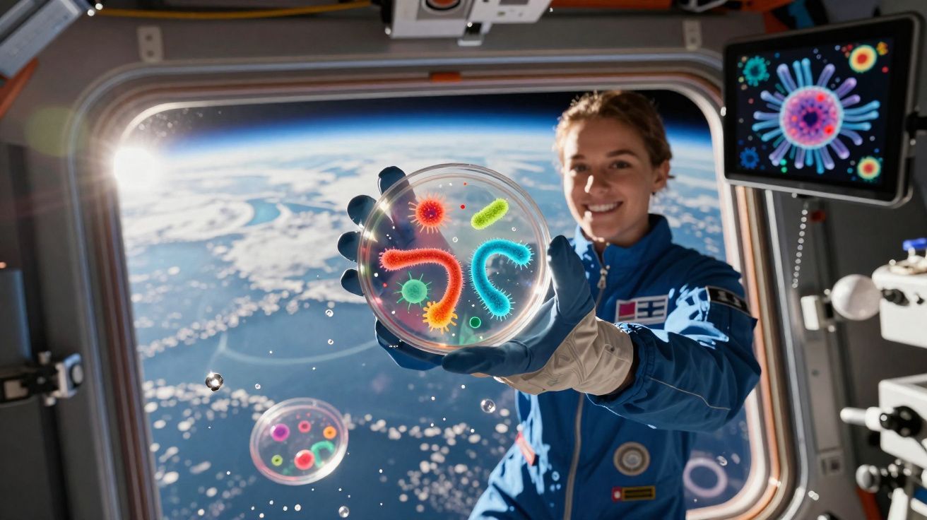 Astronauta segura placa de Petri com microrganismos coloridos na Estação Espacial Internacional.
