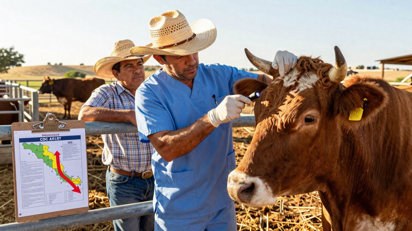 Veterinário a examinar búfalo com otoscópio enquanto homem observa em quinta ao ar livre.