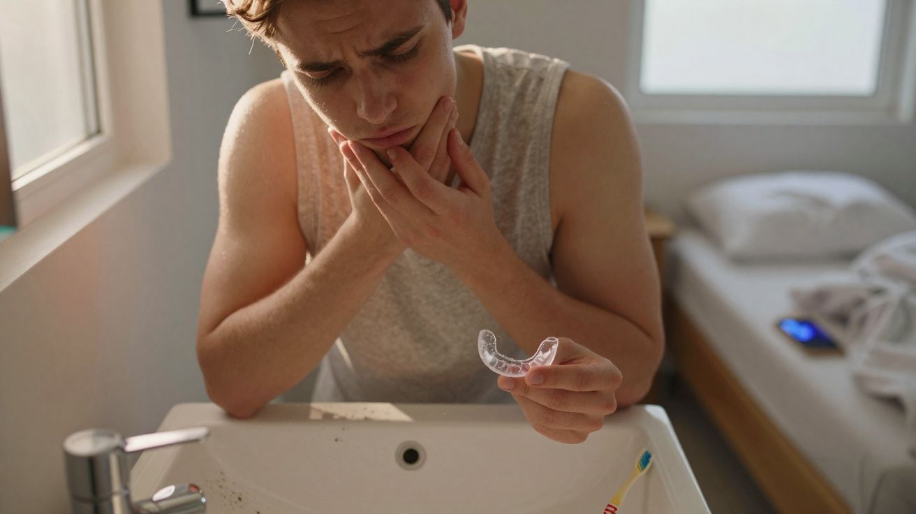 Homem preocupado com dor na mandíbula segurando um aparelho dentário transparente junto à pia da casa de banho.