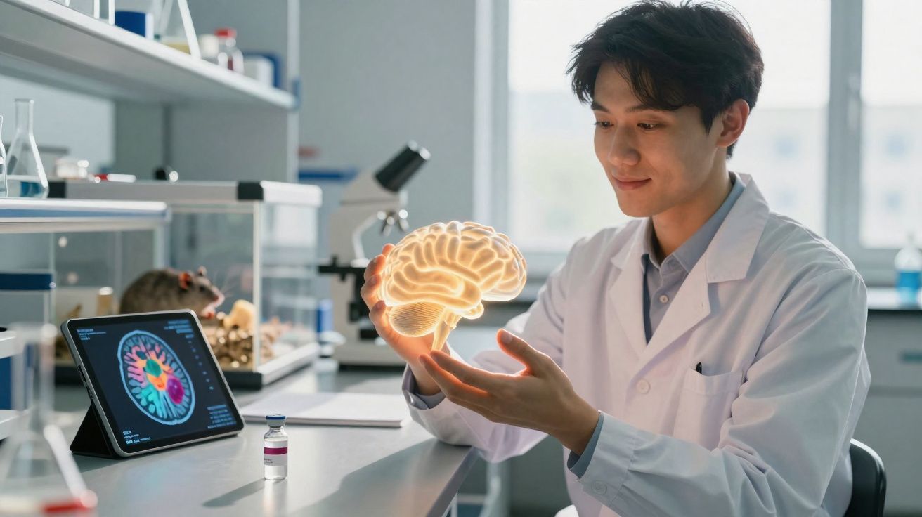 Cientista com bata branca segura modelo digital iluminado de cérebro em laboratório com equipamento científico.