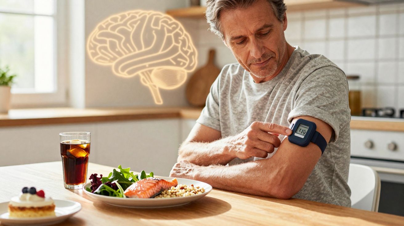 Homem a medir nível de glicose no sangue sentado à mesa com refeição saudável e desenho de cérebro ao fundo.
