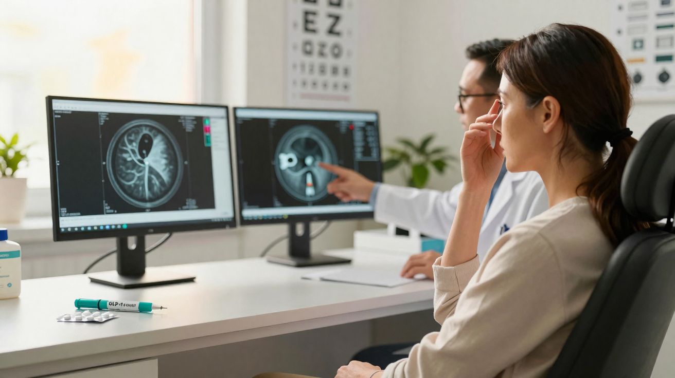 Paciente e médico analisam exames de imagens médicas de cérebro em dois ecrãs num consultório.