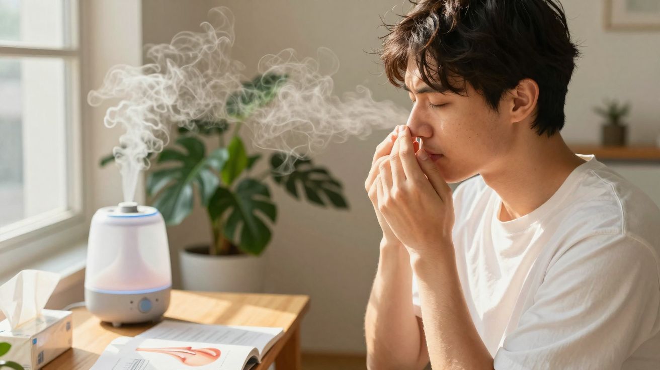 Homem jovem a assoar o nariz junto a um humidificador com vapor numa sala iluminada pelo sol.