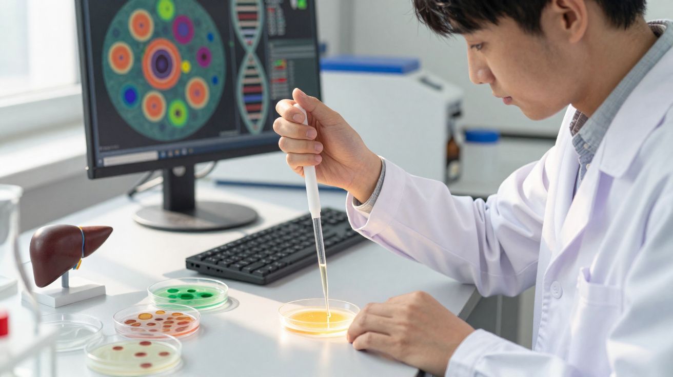 Cientista a usar pipeta em placa de Petri em laboratório, com imagens de ADN no monitor ao fundo.