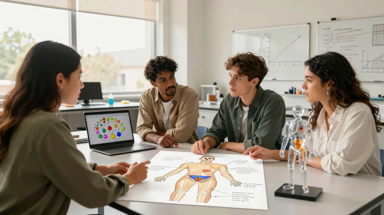 Grupo de estudantes a discutir um cartaz com o sistema muscular humano numa sala de aula.