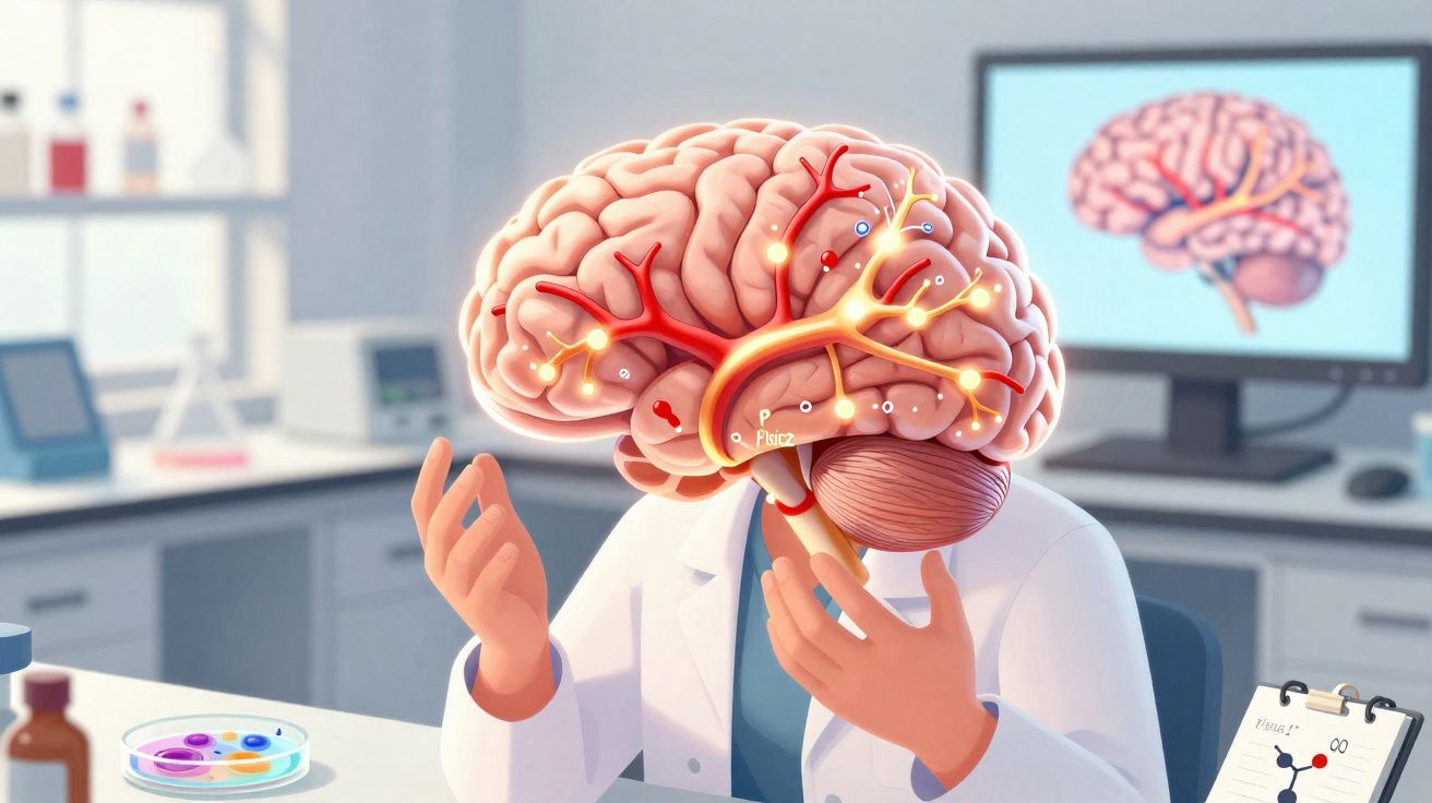 Médico em laboratório com capa branca e cérebro humano grande no lugar da cabeça explicando funções cerebrais.